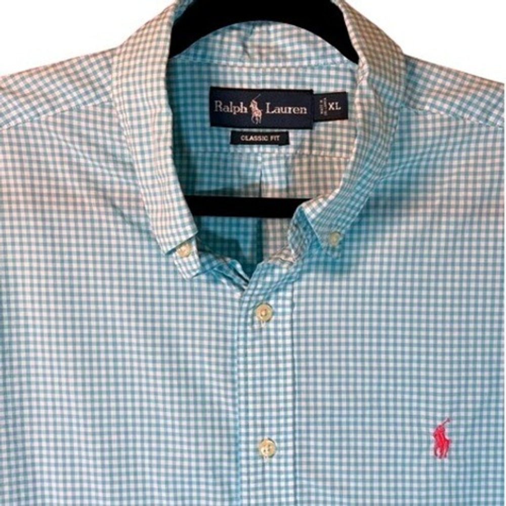 Ralph Lauren Button Down Shirt Men XL Teal Gingham Plaid Classic Fit Long Sleeve